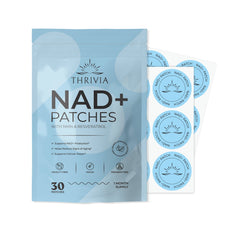 Thrivia NAD+ patches packaging with blue and white design on a white background