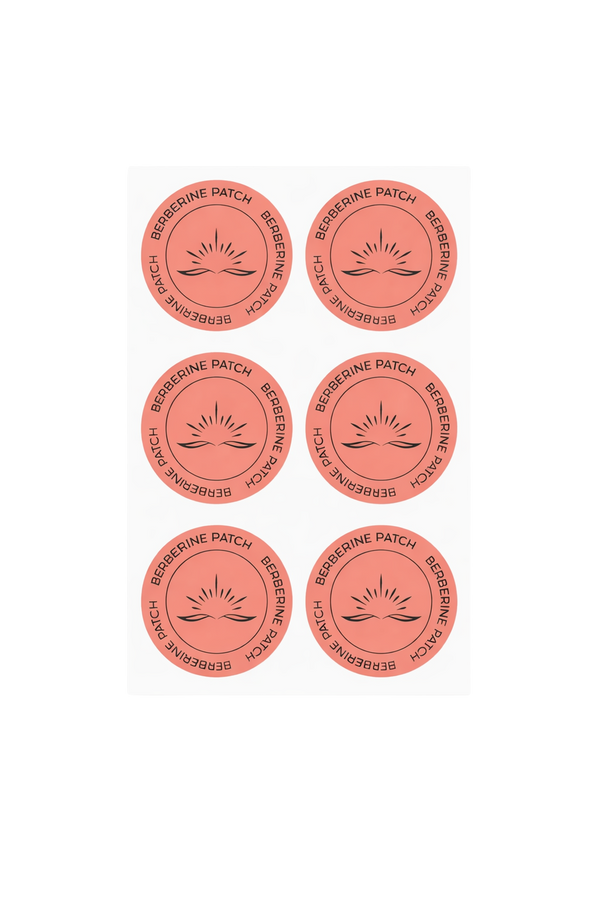 Six red circular wellness patches with a central design on a white background